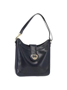 Authentic GUCCI Shoulder Bag Leather Navy Gold